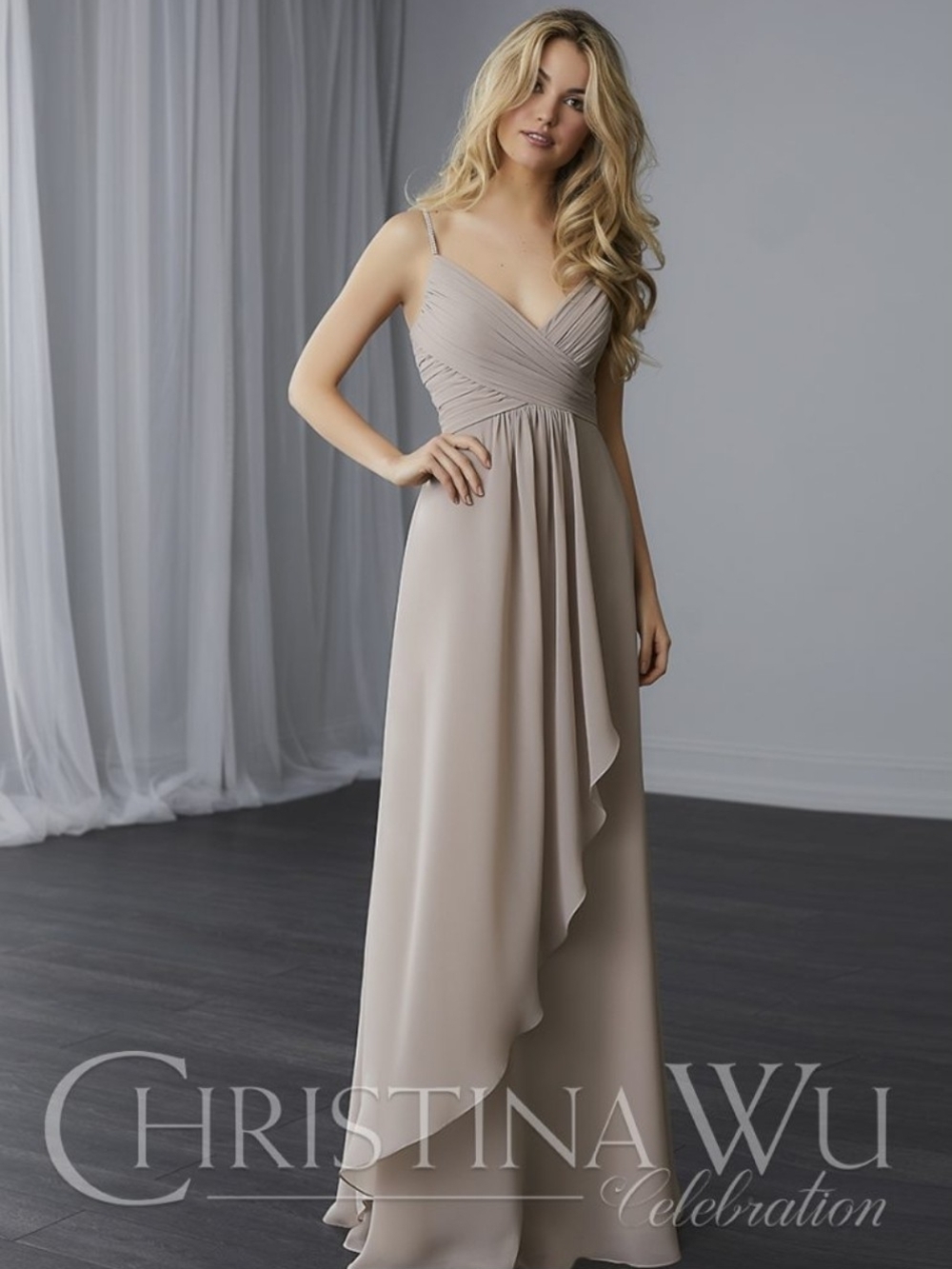 Christina Wu Slate blue Maxi Chiffon V-Neck Evening Gown Size 12 Nwt